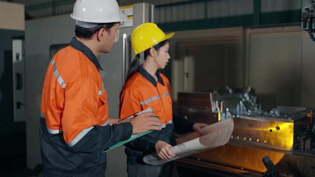 Industry Insight: Two professionals collaborate within a modern factory setting, examining machinery and blueprints for effective and precision.