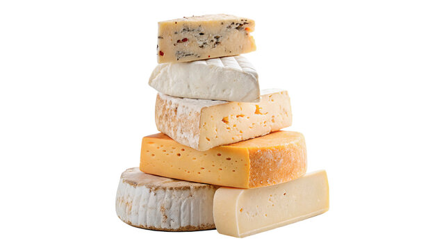 Various types of cheese stacked in different shapes and sizes  isolated on transparent background cut out