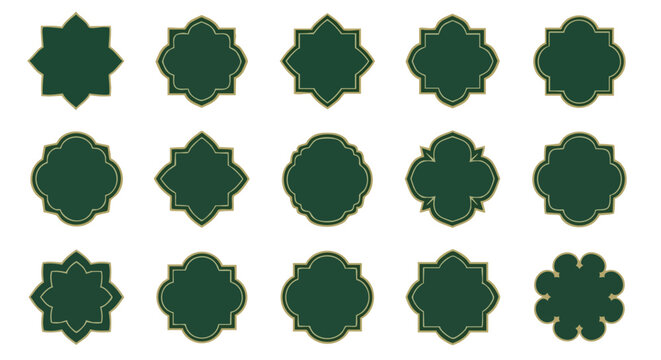 Collection of decorative Islamic frames, labels, and badges in dark green and gold.