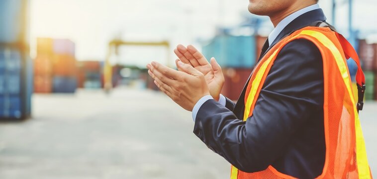 A man in a suit and orange safety vest claps his hands at an industrial or shipping yard with blurred containers in the background.