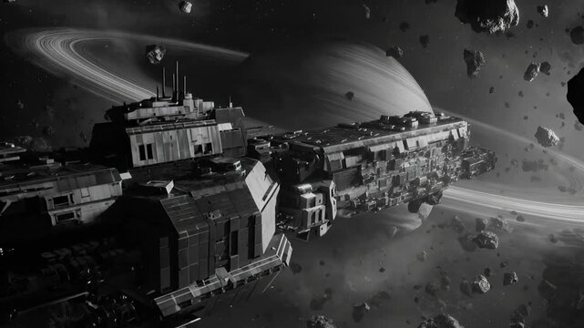 Black and white spaceship drifting near planetary rings capturing cinematic science fiction atmosphere cosmic exploration and timeless futuristic travel scene w