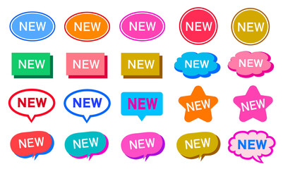 NEW あしらい セット 素材 見出し 飾り ポップ おしゃれ シンプル 吹き出し ワンポイント シール スタンプ Set of new arrival tag icon.Pop art style.badge, sticker, label,mark, symbol,button,speech bubble shape.sale sticker,price sticker