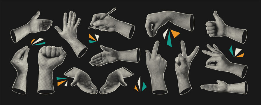 Halftone man Hands set. Retro Collage stickers with various hand gestures. Magazine Paper cut out emoji vintage business elements. Modern Grunge punk dotted pattern. Trendy vector illustration.