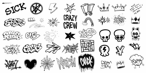 Collection of hand drawn doodles graffiti and icons in black and white silhouette © Hemlata