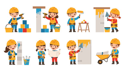 Fototapeta premium Adorable children characters playing as construction workers using various tools and building with colorful blocks.