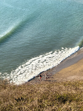 Challaborough Devon UK. 21.03.2026. A serene view of a breaking wave on a tranquil beach, with dry vegetation in the foreground, evoking a sense of natural coastal beauty