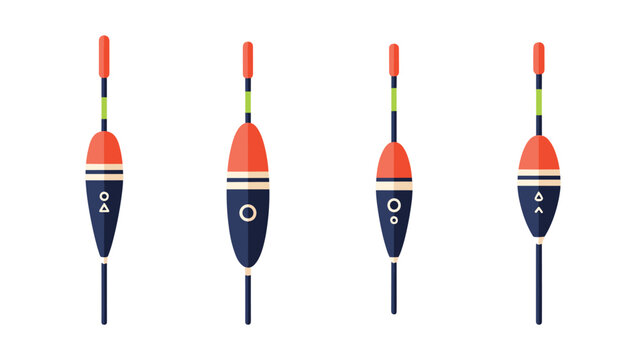 Set of four colorful fishing floats or bobbers illustrated in different shapes for angling and lake activities.