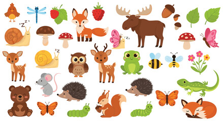 Fototapeta premium Adorable wildlife set featuring fox bear moose owl and deer. including insects plants berries and mushrooms. flat cartoon style icons isolated on white background for nursery or education.