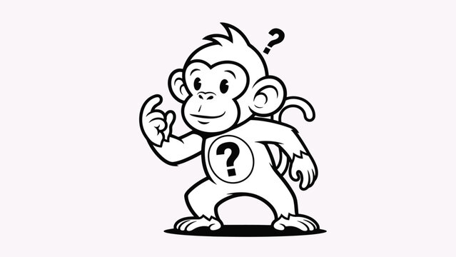 Cute cartoon monkey character standing with a thoughtful expression and a question mark above his head in a simple line art style.