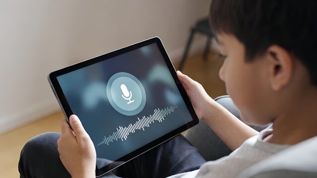 Young Boy Recording Voice on Tablet with Audio Waveform App