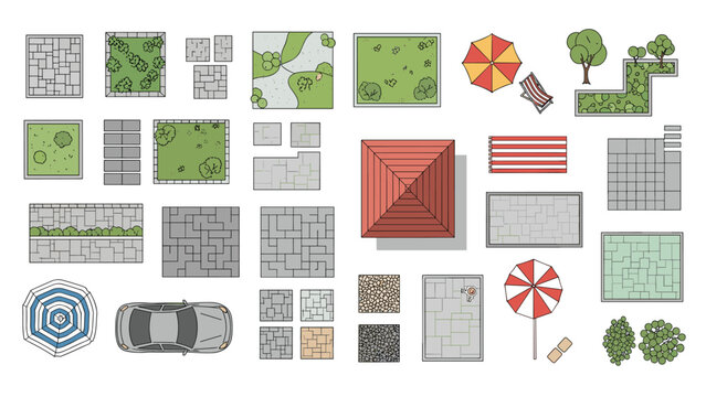 Top down view of various landscape architecture elements for garden planning including pavement tiles, plants, and outdoor furniture.