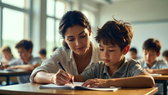 Female Teacher Helping Young Boy with Writing Task in Class