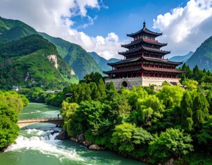Fototapeta premium A stunning panoramic view showcases a traditional Chinese pagoda nestled amidst lush green mountains and a flowing river, creating a picturesque and serene landscape.