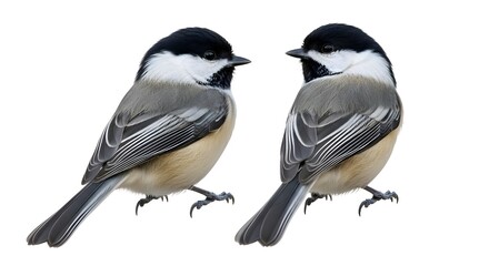 Naklejka premium Two black-capped chickadees perched side by side facing opposite directions