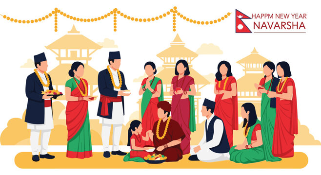Happy Navarsha New Year celebration in Nepal, depicting people in traditional attire gathering for a festive meal, adorned with garlands and surrounded by traditional architecture.