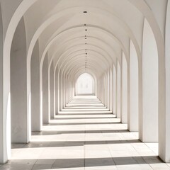 Obraz premium An endless white arched corridor with sunlight casting shadows along the marble floor, creating depth and perspective