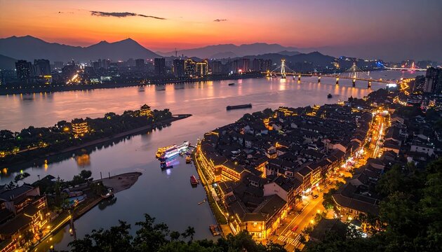 A stunning aerial view captures a vibrant cityscape nestled along a wide river, illuminated by warm lights and framed by a breathtaking sunset over distant mountains.