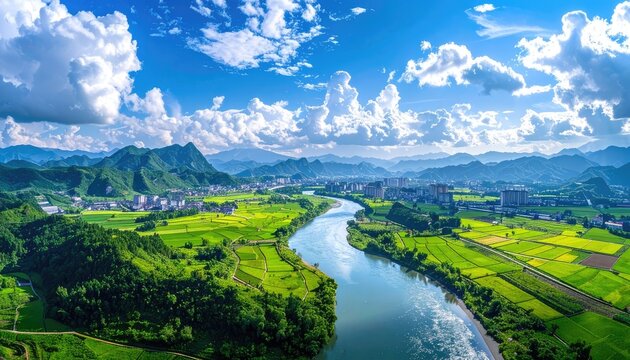 An aerial view showcases a vibrant landscape featuring a winding river cutting through lush green rice paddies and rolling hills, all under a bright blue sky dotted with fluffy white clouds.