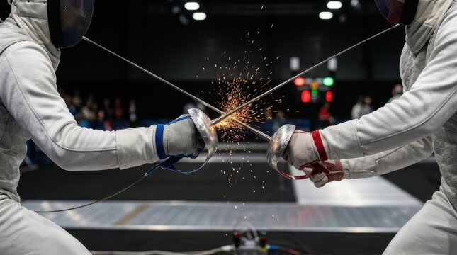 Two fencers clashing swords with sparks flying during a dramatic competition.