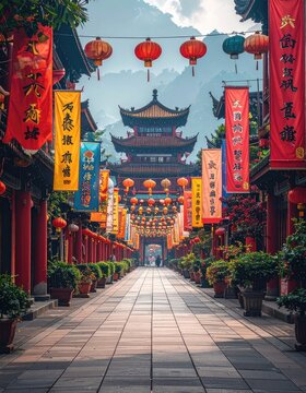 A vibrant and colorful perspective down a long pathway lined with traditional Chinese lanterns and banners, leading towards an ornate temple nestled amidst lush, misty mountains.