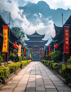A stunning view of a traditional Chinese temple complex nestled amidst misty mountains, showcasing intricate architecture and vibrant cultural details.