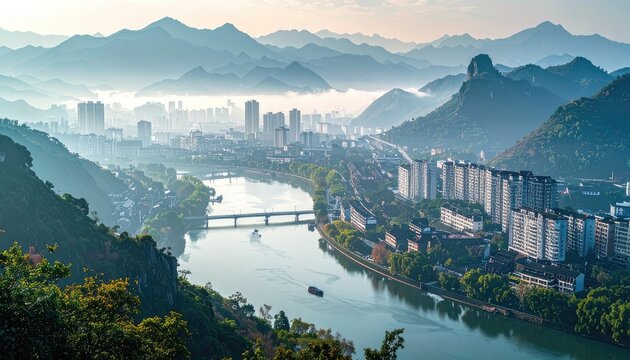 A panoramic view showcases a serene river winding through a lush, mountainous landscape dotted with a modern cityscape bathed in the soft light of dawn.