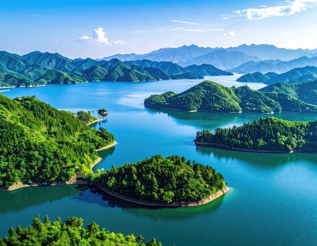 A breathtaking aerial view showcases a serene turquoise lake winding through lush, green mountains under a clear blue sky, creating a picturesque landscape.
