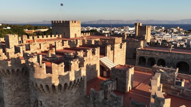 Rodos Palace of the Grand Master aerial view golden hour