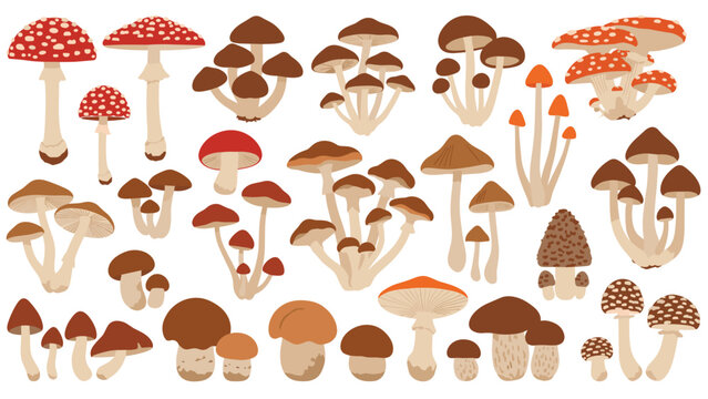 Large collection of diverse mushroom types including red amanita, brown boletus, and morel in a clean flat vector illustration style.