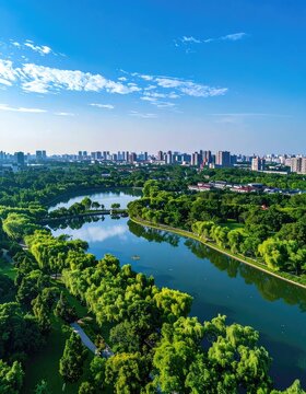 An aerial view showcases a serene lake winding through a lush green park, framed by a vibrant blue sky with scattered clouds and a distant cityscape.