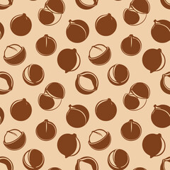 Fototapeta premium Macadamia Nuts Seamless Pattern. Whole and Halved Nuts. Brown on Beige Background.
