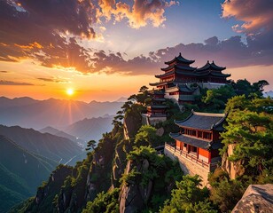 A stunning traditional Chinese temple complex is perched atop a rugged mountain peak at sunset.