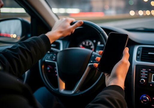Driver holding mobile phone and steering wheel simultaneously, highlighting the serious risk of distracted driving