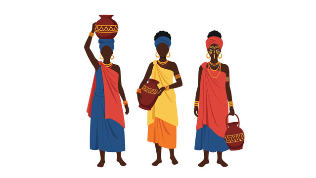 Three African women in beautiful traditional clothing and head wraps carry decorative clay water pots in different poses.