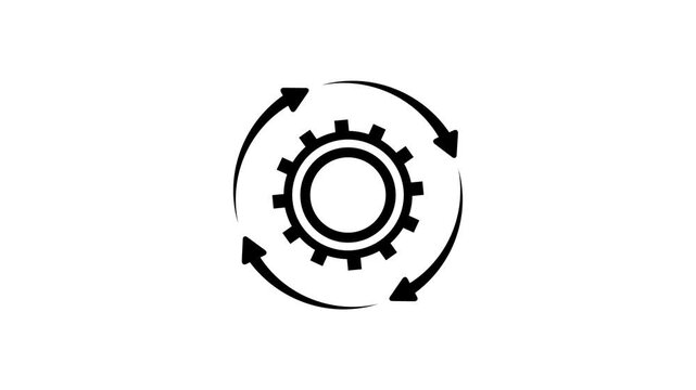 Gear rotation animation with arrows on white background. Process automation animation. black linear cogwheel, process optimization icon, workflow cycle, mechanical settings for UI or tech.