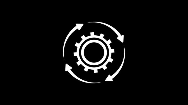 Gear rotation animation with arrows on black background. Process automation animation. white linear cogwheel, process optimization icon, workflow cycle, mechanical settings for UI or tech.
