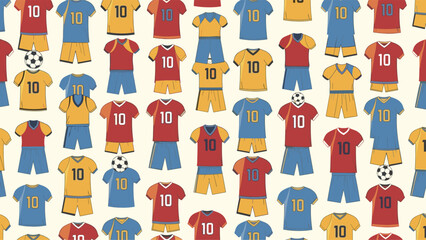 Obraz premium Athletic seamless pattern displays a variety of colorful soccer jerseys with the number ten and black and white balls.
