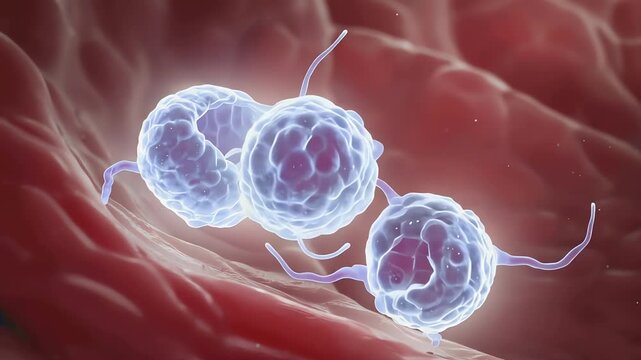 Cancer Cell Growth, macro view inside human tissue,
one abnormal cell glowing slightly, cell starts dividing into two, then four, cells growing into irregular mass
