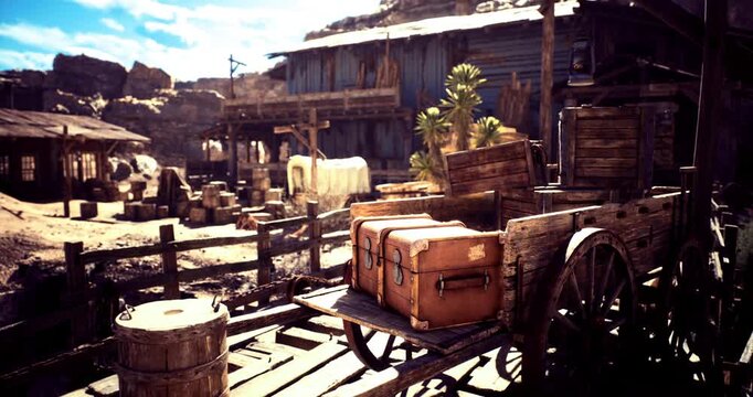 A weathered cart stands on wooden planks, loaded with old suitcases. The quiet settlement features rustic buildings and lush plants, capturing the essence of a bygone frontier era.
