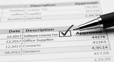 Obraz premium Close-up of fountain pen marking approved checkbox on financial statement