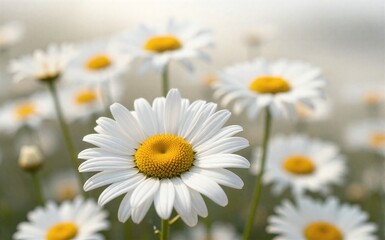 Obraz premium White daisies bloom in a soft sunlit field with gentle bokeh