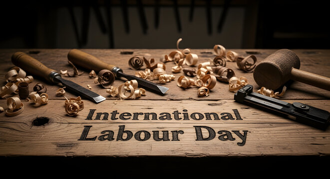 Carved "International Labour Day" text on wood with woodworking tools and shavings.