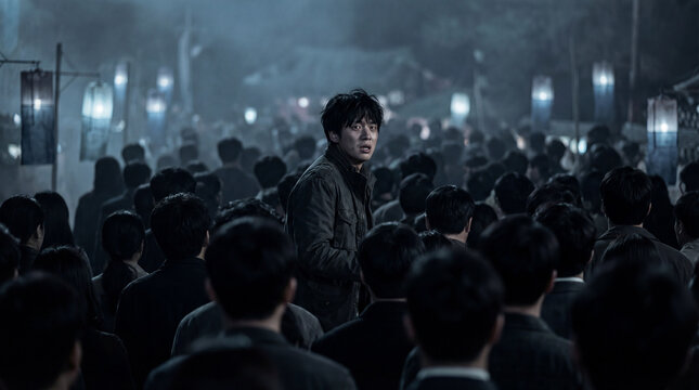 Cinematic shot of an anxious Asian man looking back over his shoulder standing alone in a massive dense dark crowd of anonymous people at night.