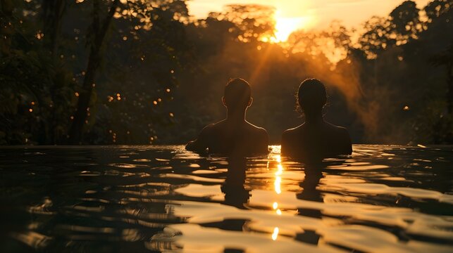 Romantic Couple Watching Sunset in Luxury Infinity Pool at Tropical Forest Resort