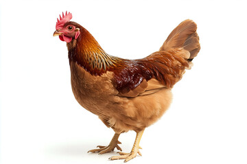 Fototapeta premium Brown domestic hen chicken standing side profile isolated on white background