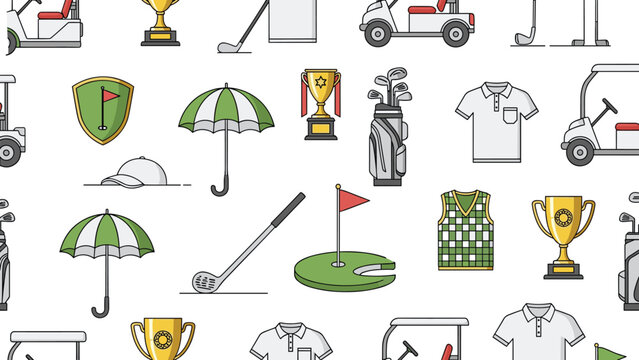 Seamless golf pattern containing sports icons like carts, clubs, trophies, polo shirts, umbrellas, and putting greens on a white field.