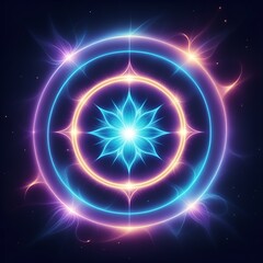 Fototapeta premium Symmetrical Glowing Lotus Mandala Star within Concentric Rings of Light for Meditation Zen or Holy Magic Spell Icons and Peaceful Fantasy RPG Character Progression