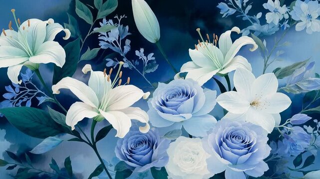 Soft blue floral arrangement with roses and lilies capturing elegant botanical composition romantic mood and artistic design in dreamy decorative background wit