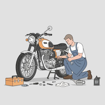 Mechanic repairing vintage motorcycle with tools and oil can