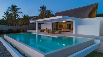 Fototapeta premium Modern tropical villa, infinity pool, outdoor living space, white architecture